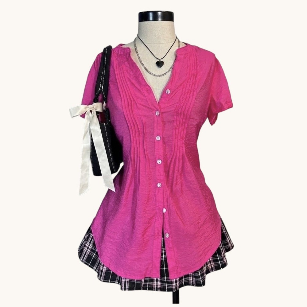 Hot Pink Cap Sleeve Button Down Preppy Blouse Cap Sleeve SMALL